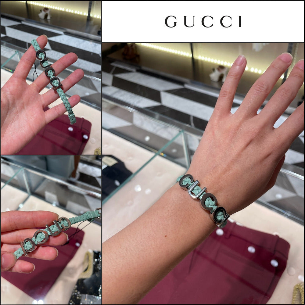 【GUCCI】Silver Metal Logo Leather Buckle Bracelet MintGreen