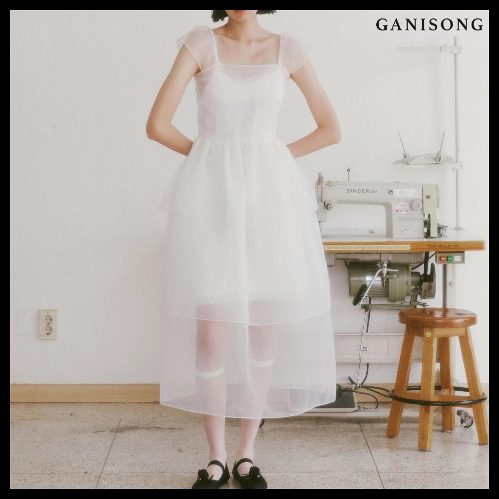 【GANISONG】Bridal Peony Tiered Dress White