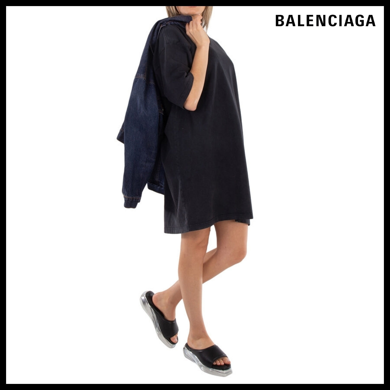 【BALENCIAGA】Ladies Logo-Print Cotton T-Shirt Dress Black
