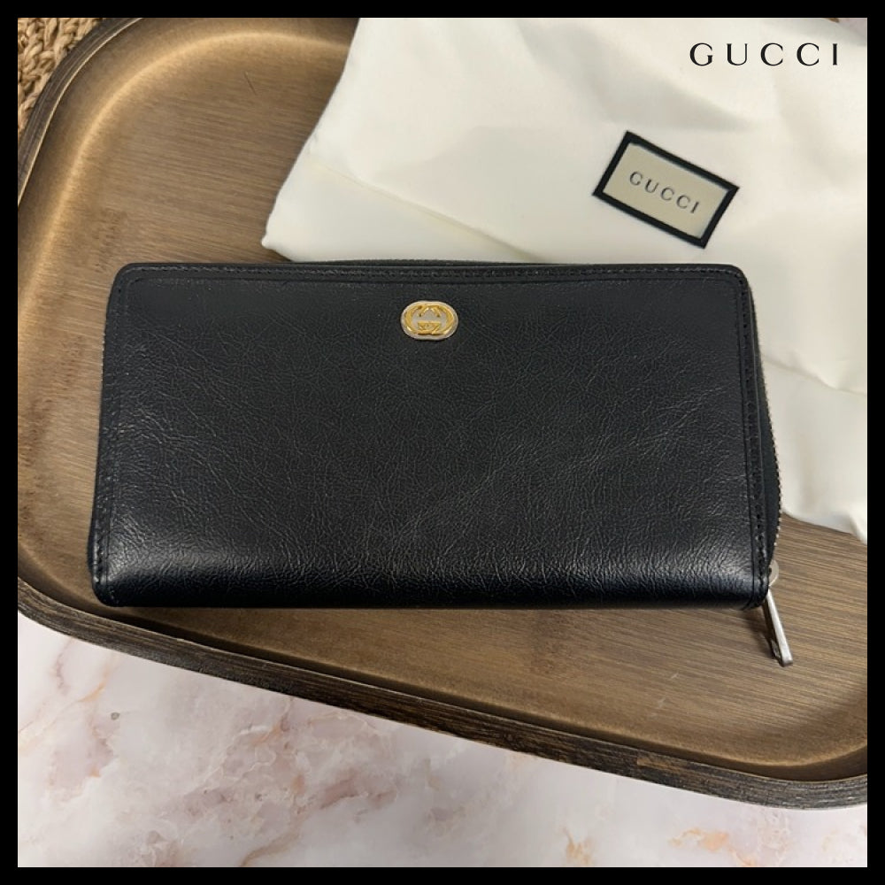 【GUCCI】Interlocking G Calf Leather Zip-Around Long Wallet