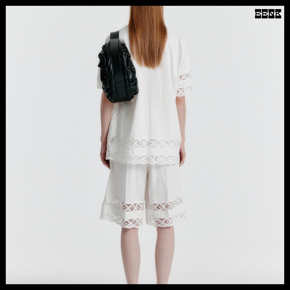 【EENK】YOMITA Short Sleeve Lace-trim Shirt White