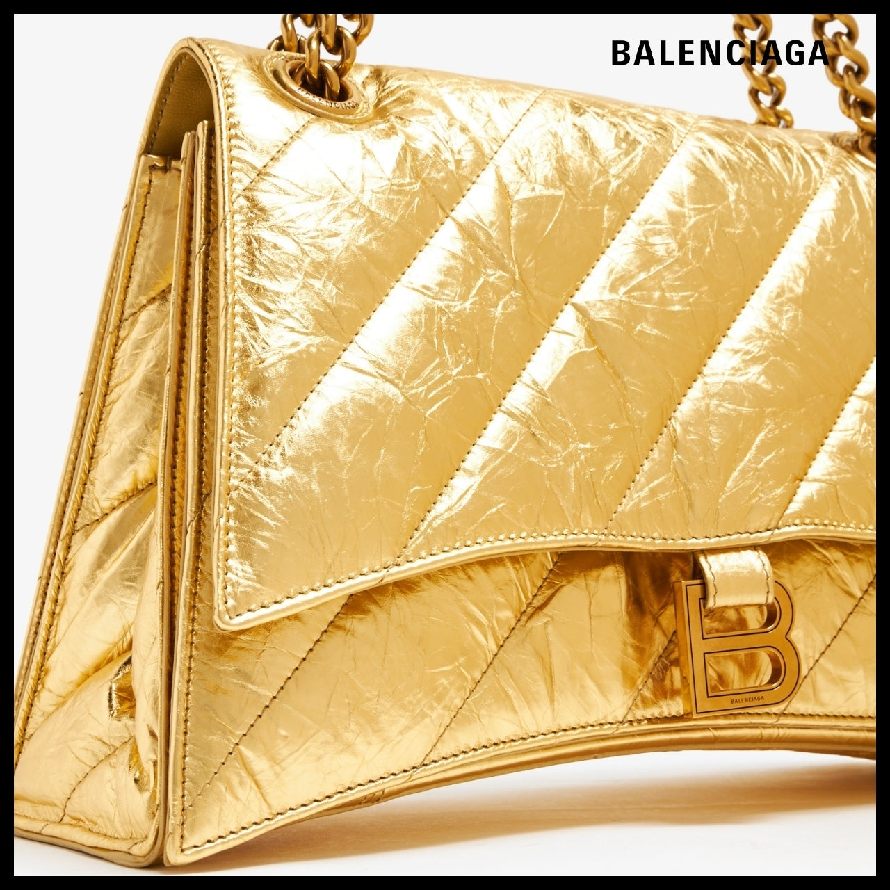 【BALENCIAGA】Crush Medium Chain Bag Metallized Quilted Gold