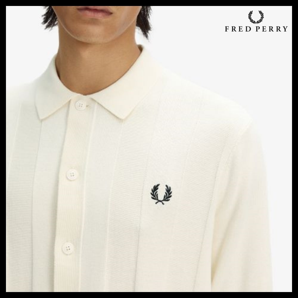 【FRED PERRY】Tonal Vertical Stripe Knit Shirt Ecru