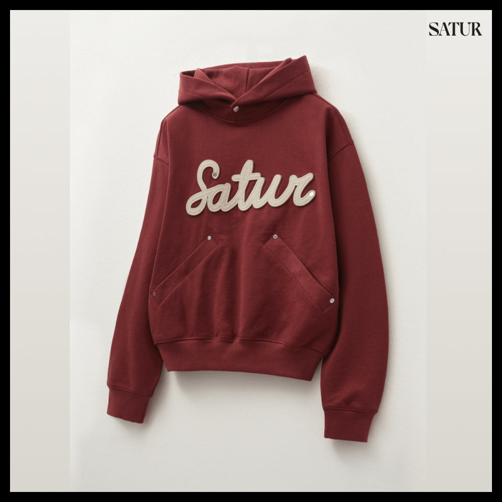 【SATUR】Applique Rivet Hoodie Burgundy