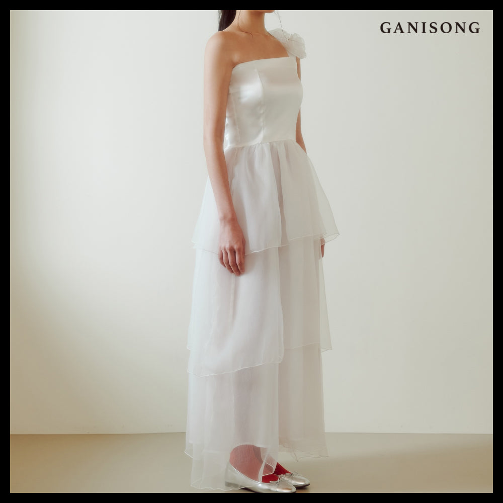 【GANISONG】Bridal Ribbon Tulle Dress White
