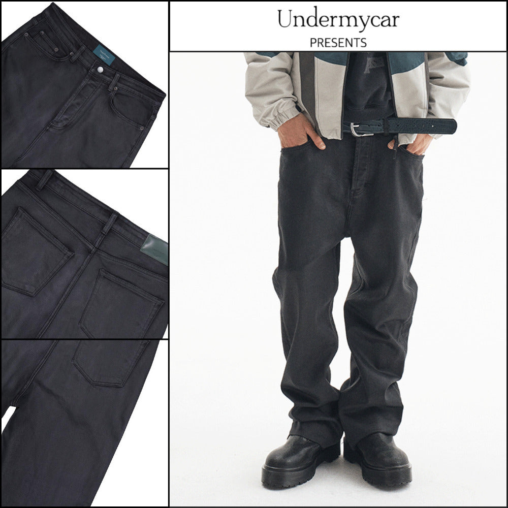 【Undermycar】Noir Coated Baggy Jeans Black