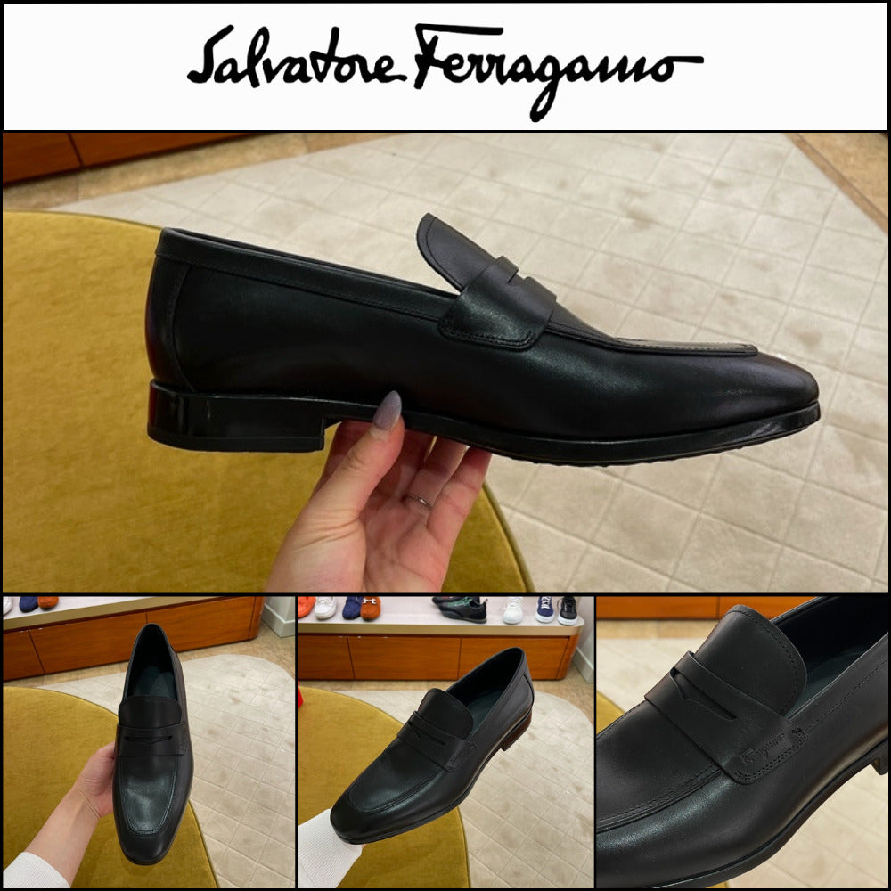 【FERRAGAMO】GRAY LEATHER PENNY LOAFERS BLACK