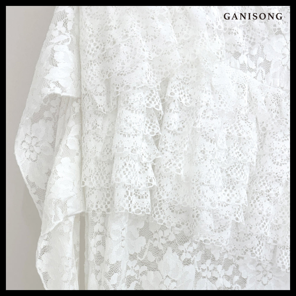【GANISONG】Bridal Diagonal Lace Two-Piece Dress White