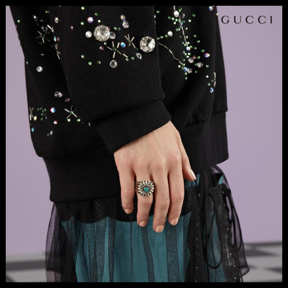 【GUCCI】Engraved Flower Sterling Ring Turquoise