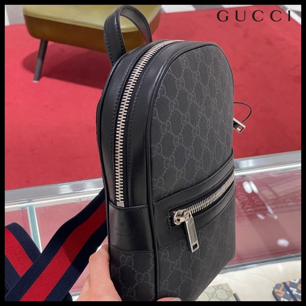 【GUCCI】GG Supreme Canvas Web Strap Backpack Crossbody Bag