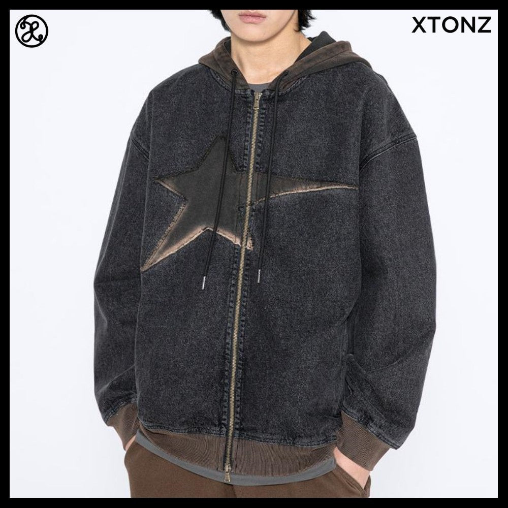 【XTONZ】VINTAGE WASHING STAR DENIM HOODED ZIP-UP 2COLORS