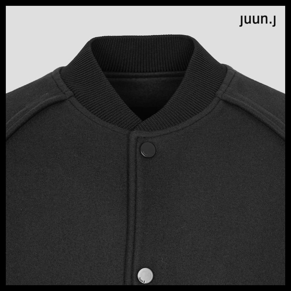 【JUUN.J】Leather Sleeve Varsity Jumper Gray