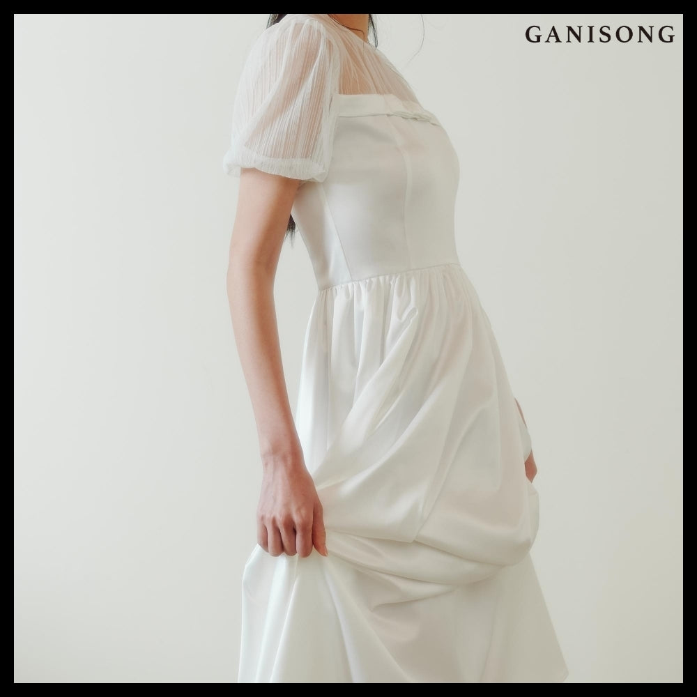 【GANISONG】Bridal Sheer Ribbon Line Dress White