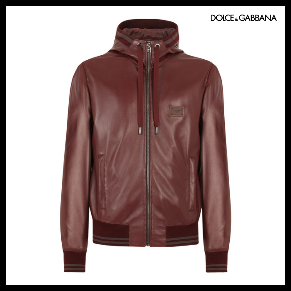 【Dolce & Gabbana】LEATHER JACKET WITH HOOD AND BRANDED TAG