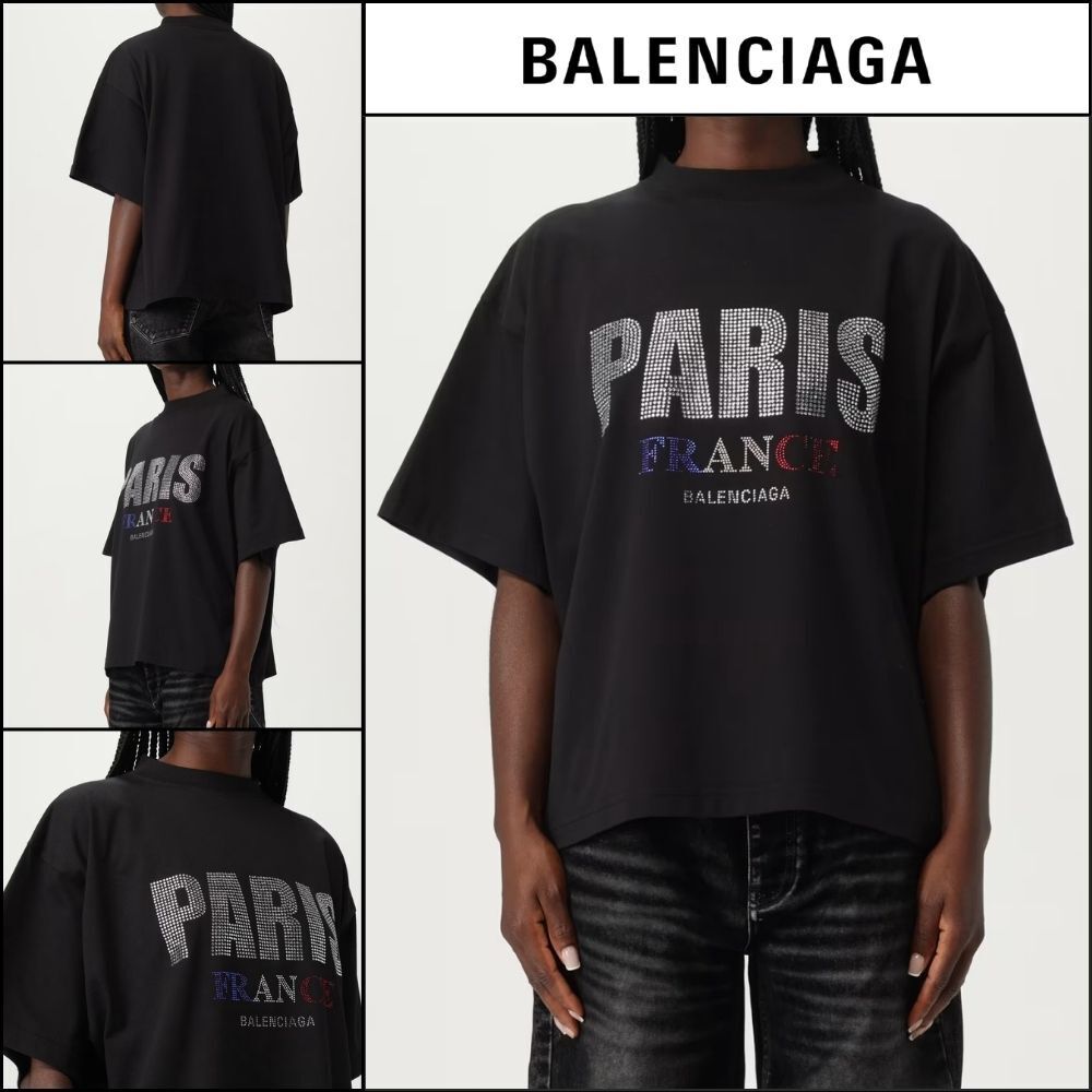 【BALENCIAGA】Paris Strass Cropped T-Shirt Oversized