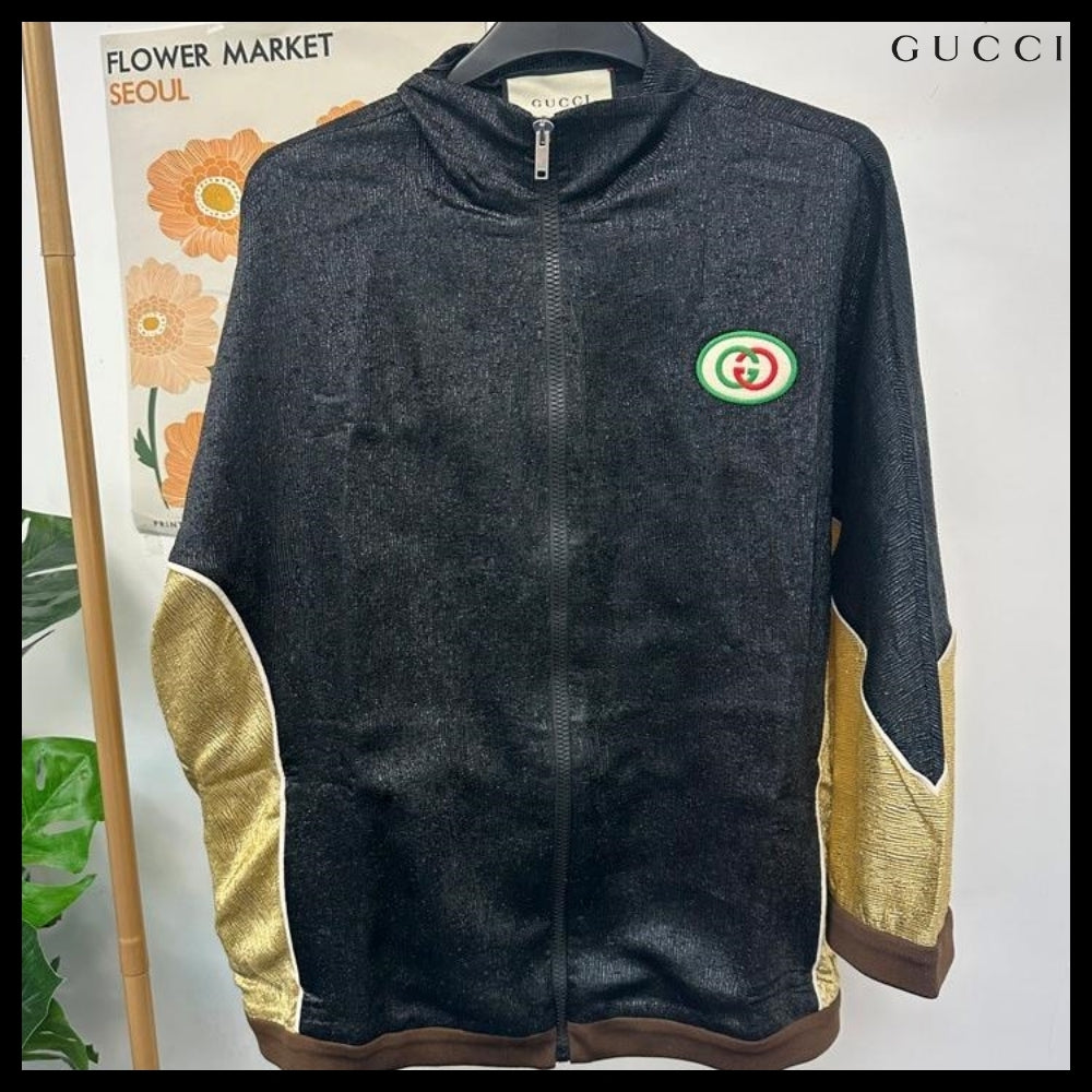 【GUCCI】Interlocking Patch Metallic Two-Tone Zip-Up Jacket