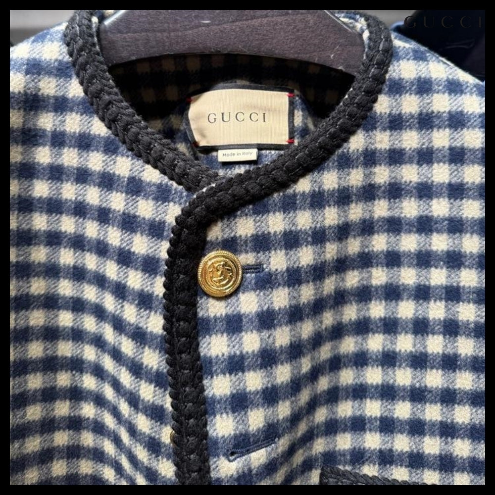 【GUCCI】Interlocking G Patch Gingham Check Wool Jacket