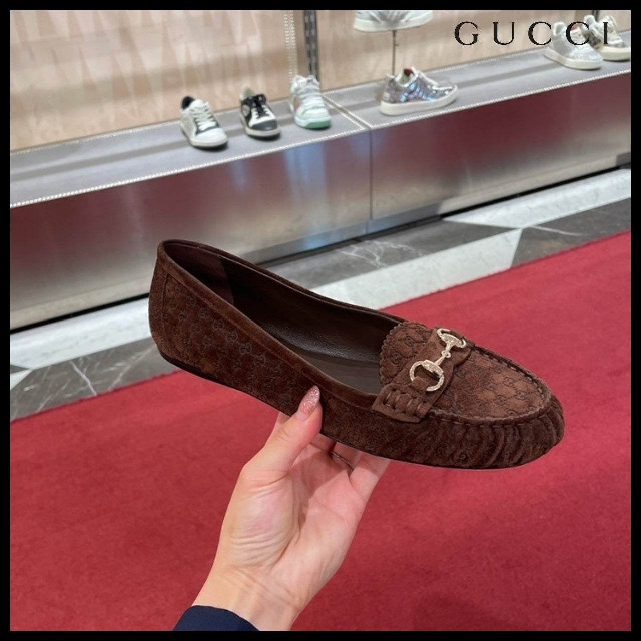 【GUCCI】Kensington GG Horsebit Suede Ballerina Flats Brown
