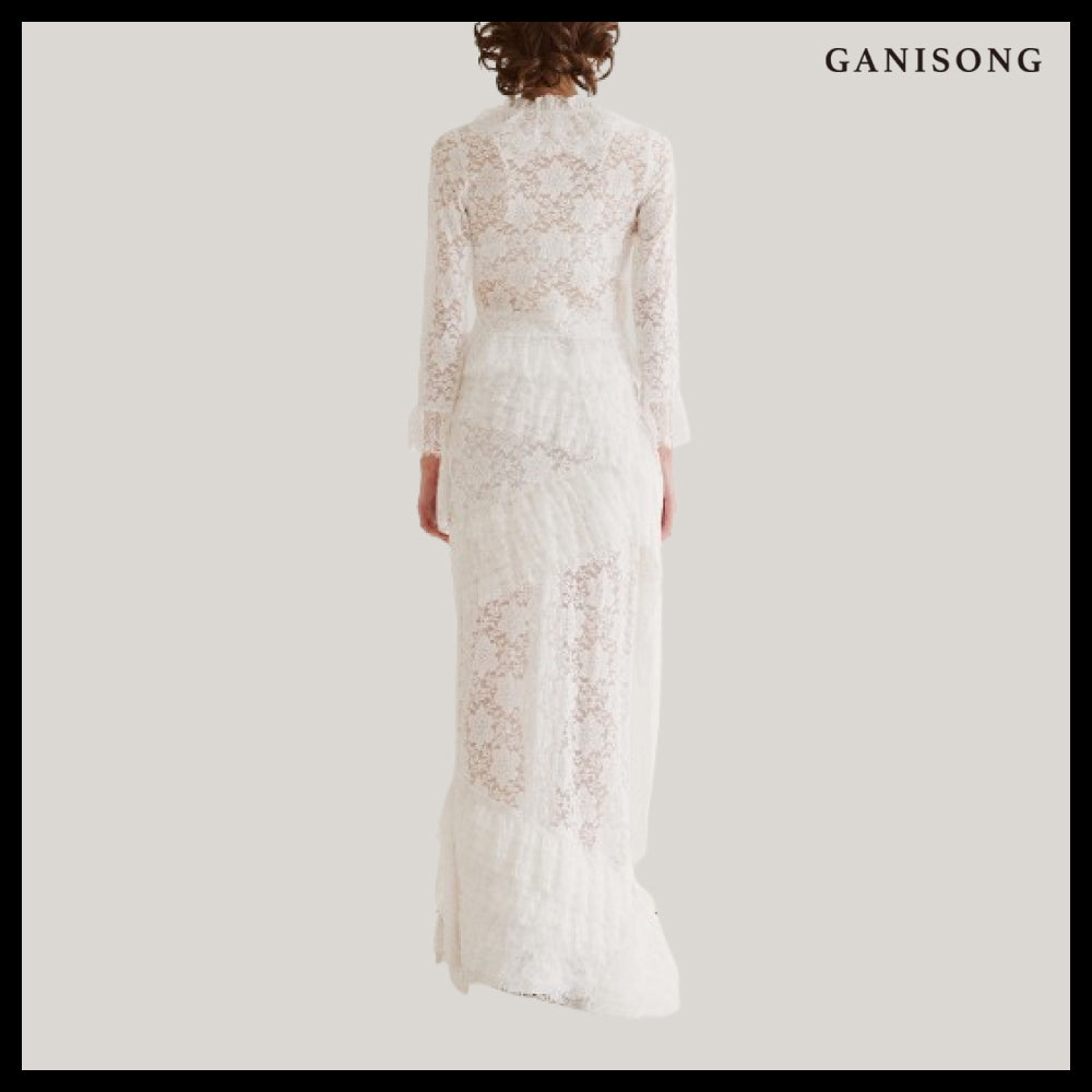 【GANISONG】Bridal Diagonal Lace Two-Piece Dress White