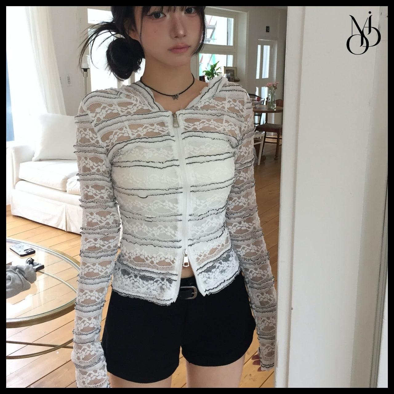 【MODIMOOD】Sheet Lace Hoodie Zip-Up Cardigan