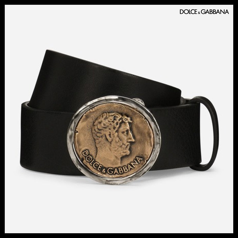 【Dolce & Gabbana】LEATHER BELT WITH BRAND COIN