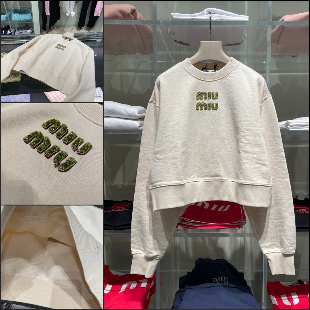 【MiuMiu】ビーズ刺繍ロゴ フェルパコットン スウェットシャツ