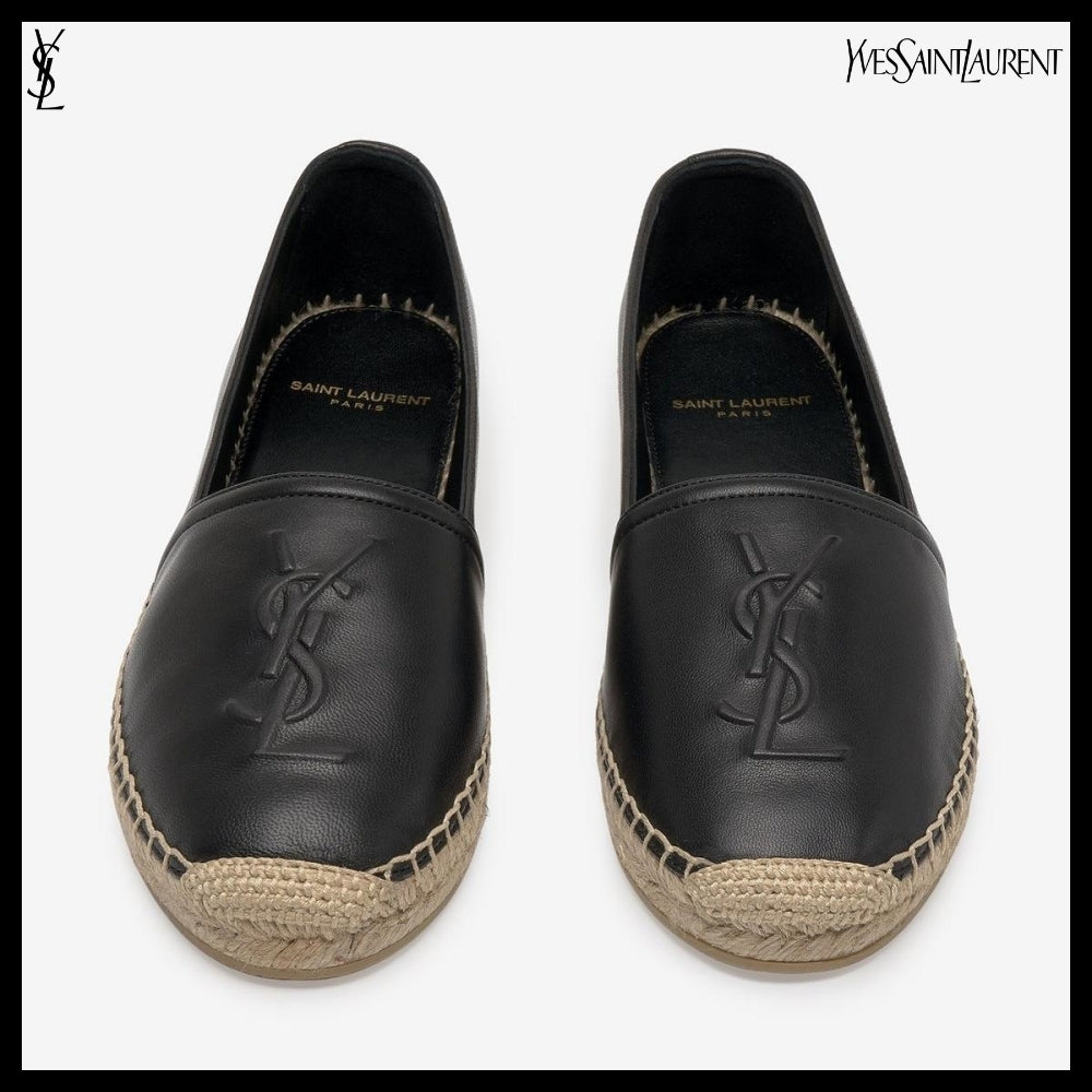 【Saint Laurent】Embossed Monogram Leather Espadrilles Black