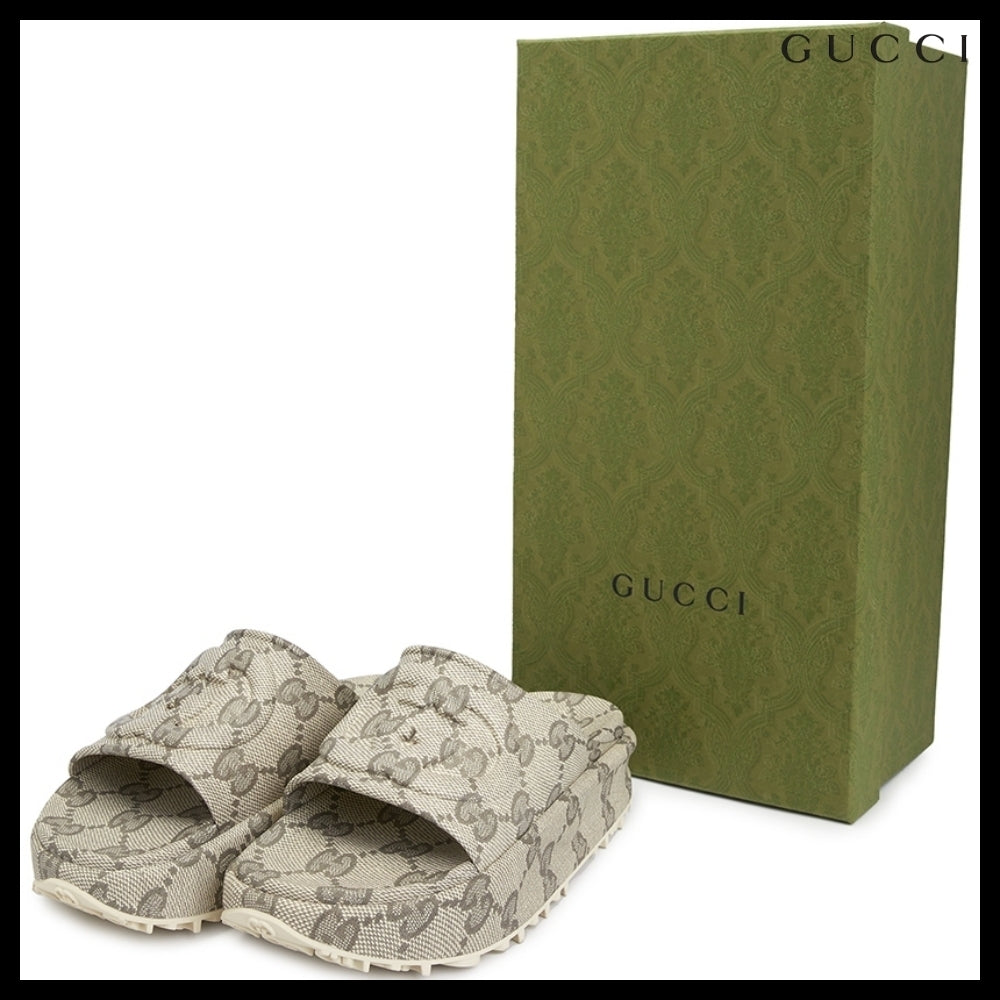 【GUCCI】Interlocking GEmbossedLogoMen'sSlippers BeigeEbony