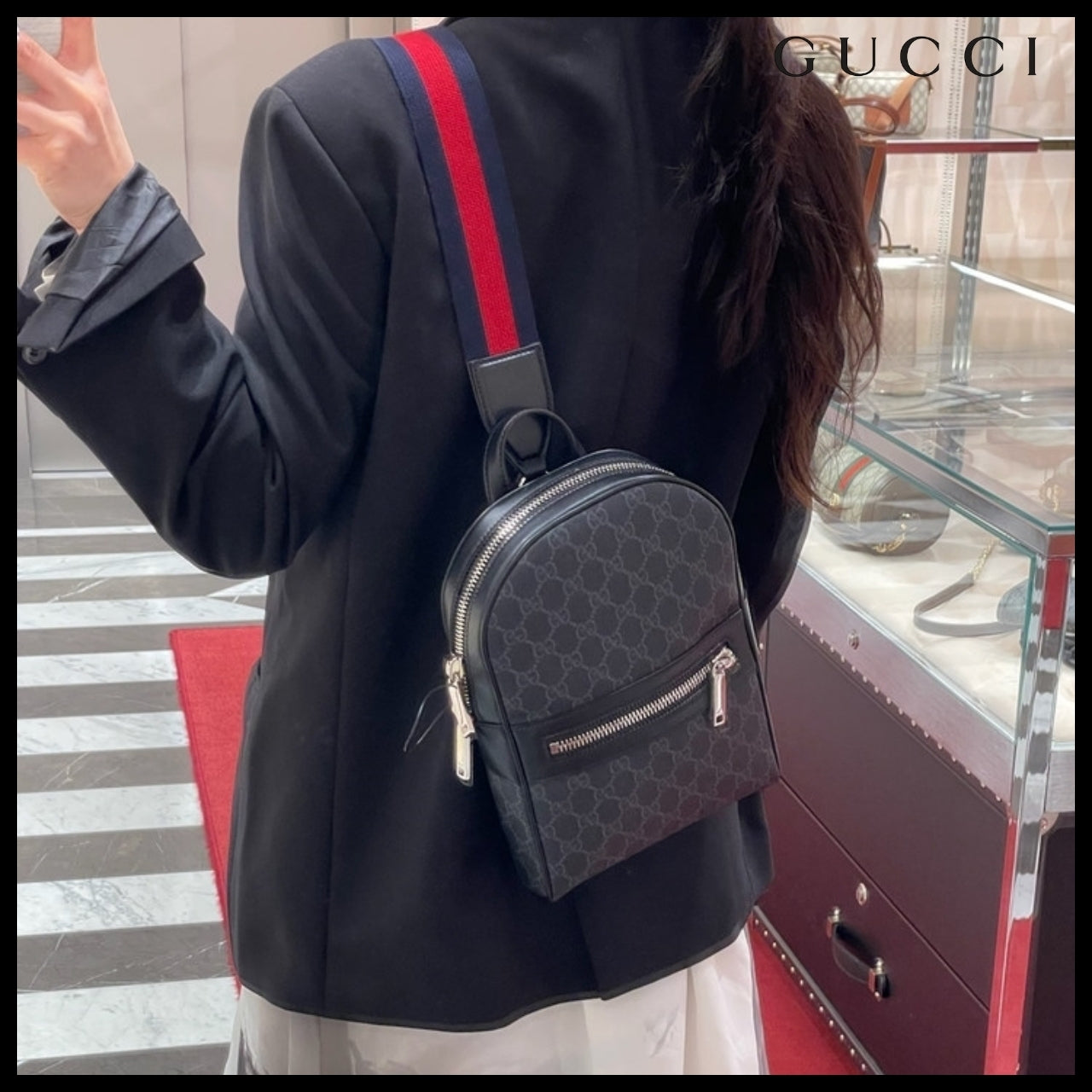 【GUCCI】GG Supreme Canvas Web Strap Backpack Crossbody Bag