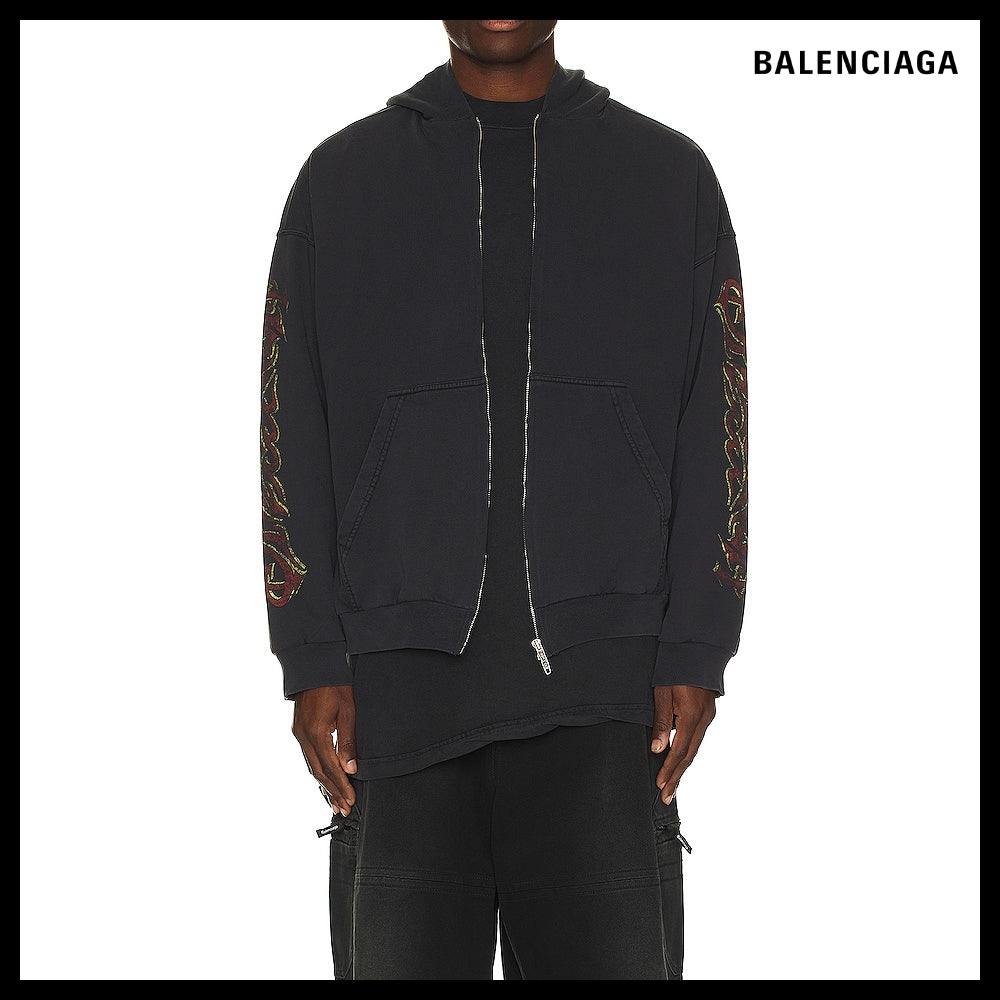 【BALENCIAGA】Offshore Zip-Up Hoodie Medium Fit Black Faded