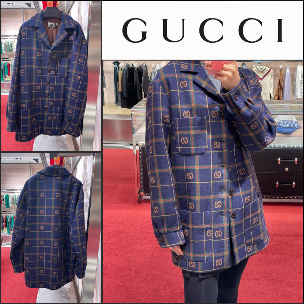【GUCCI】GG Check Pattern Wool Single Jacket Blue
