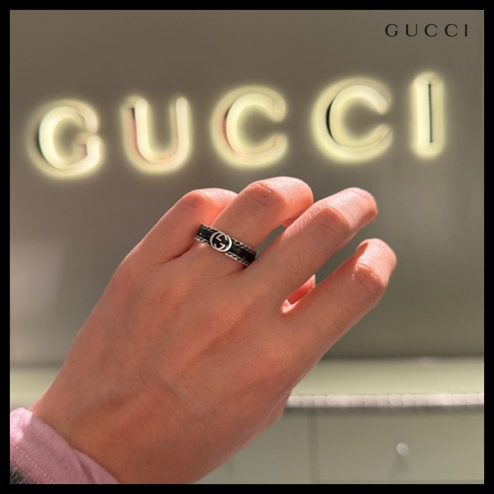 【GUCCI】Interlocking G Logo Enamel Metal Ring Black
