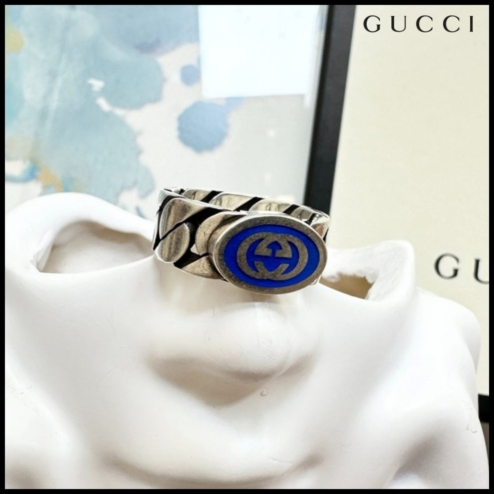 【GUCCI】Interlocking Enamel Chain Ring Blue