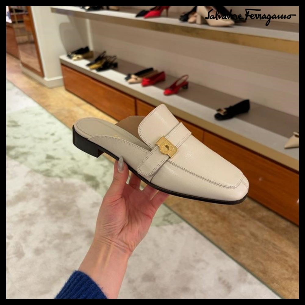 【FERRAGAMO】MAVIRA 20 GANCINI LEATHER MULE CLOGS IVORY