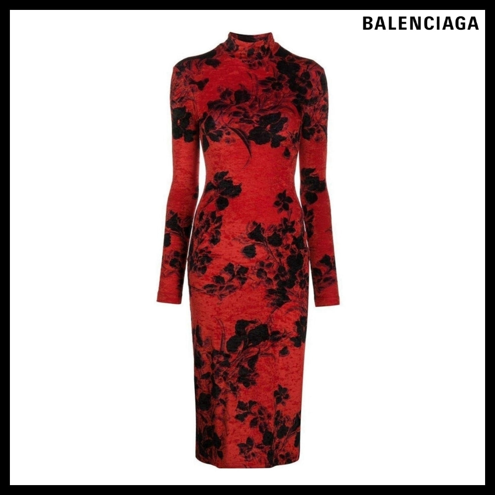 【Balenciaga】Floral-Print Turtleneck Dress