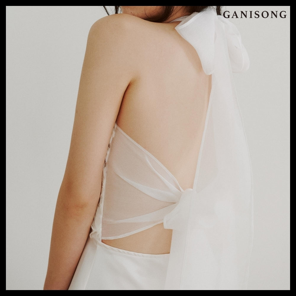 【GANISONG】Bridal Fluffy Rose Halterneck Dress White