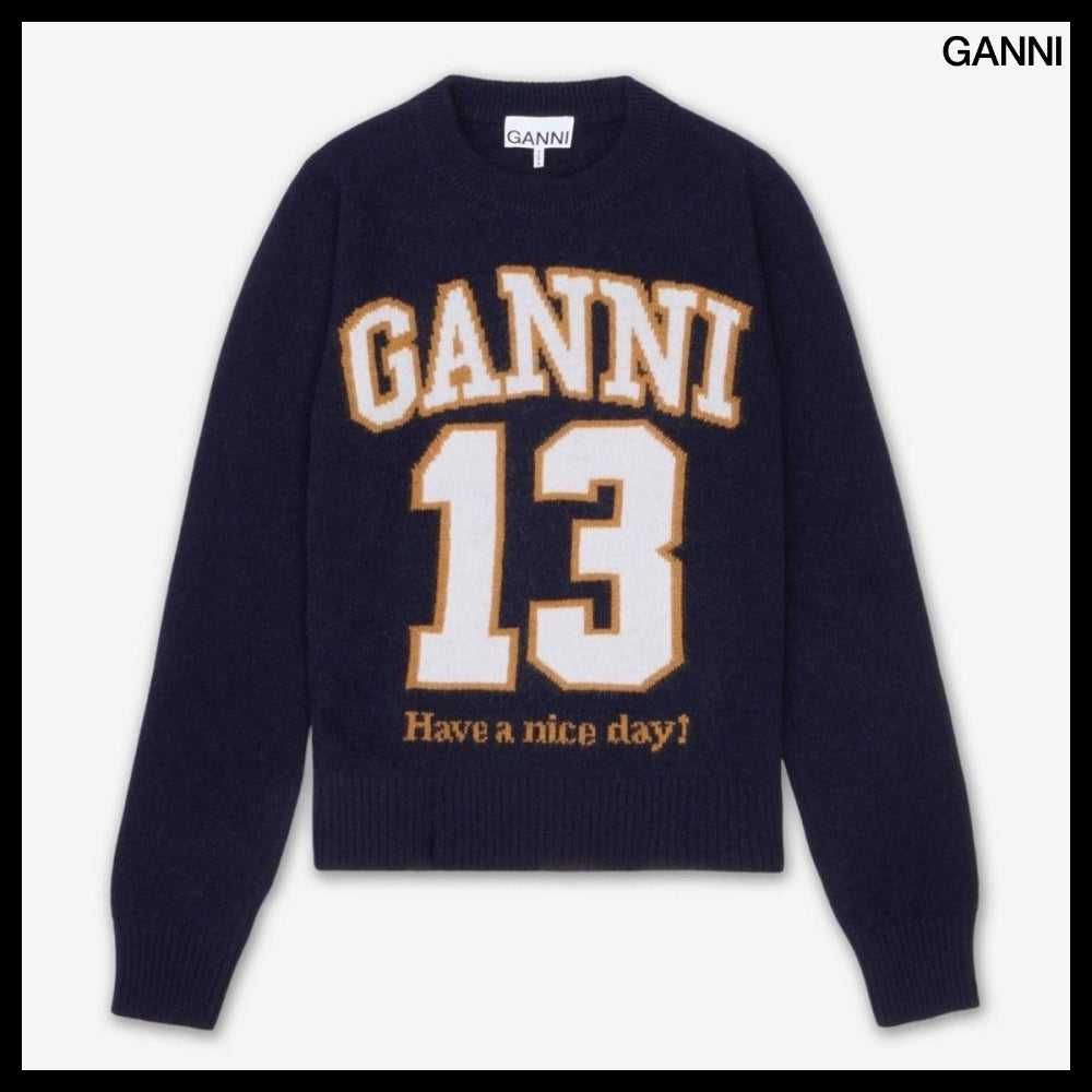 【Ganni】Graphic Wool Mix Baseball Knit - Sky Captain