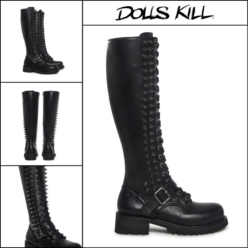 ◆DOLLS KILL◆DARKER WAVS Spiked Knee High Lace Up Boots
