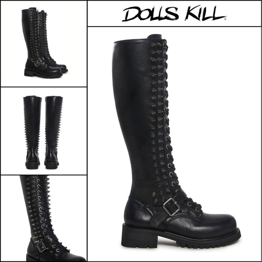 ◆DOLLS KILL◆DARKER WAVS Spiked Knee High Lace Up Boots