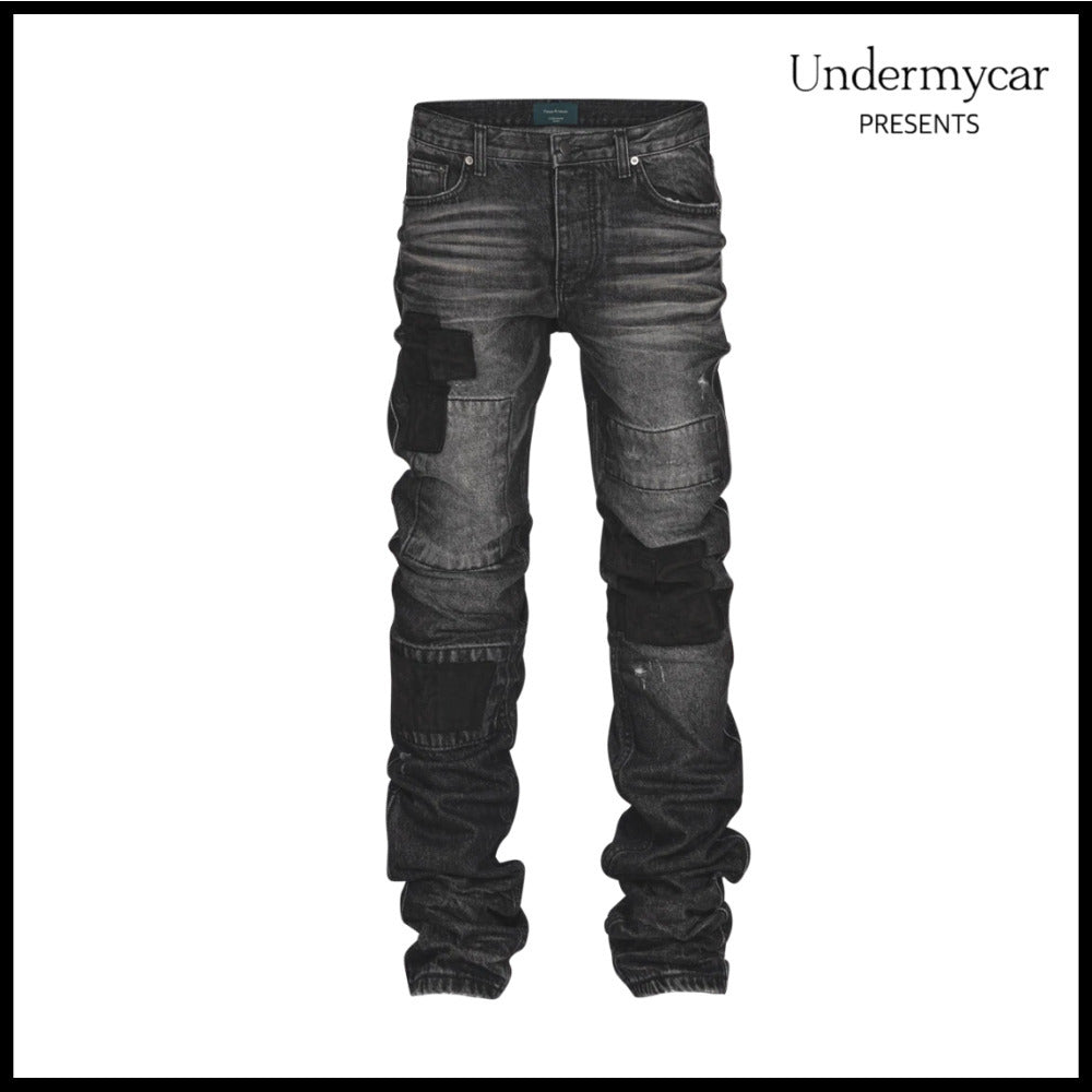 【Undermycar】Notre Dame Patched Grunge Slim Jeans Washed
