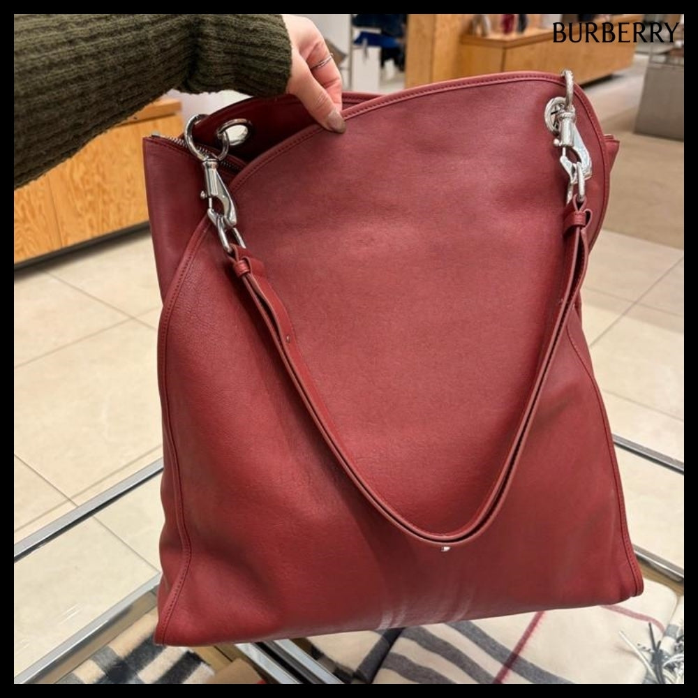【Burberry】Shield Twin Logo Leather Tote Bag Rust