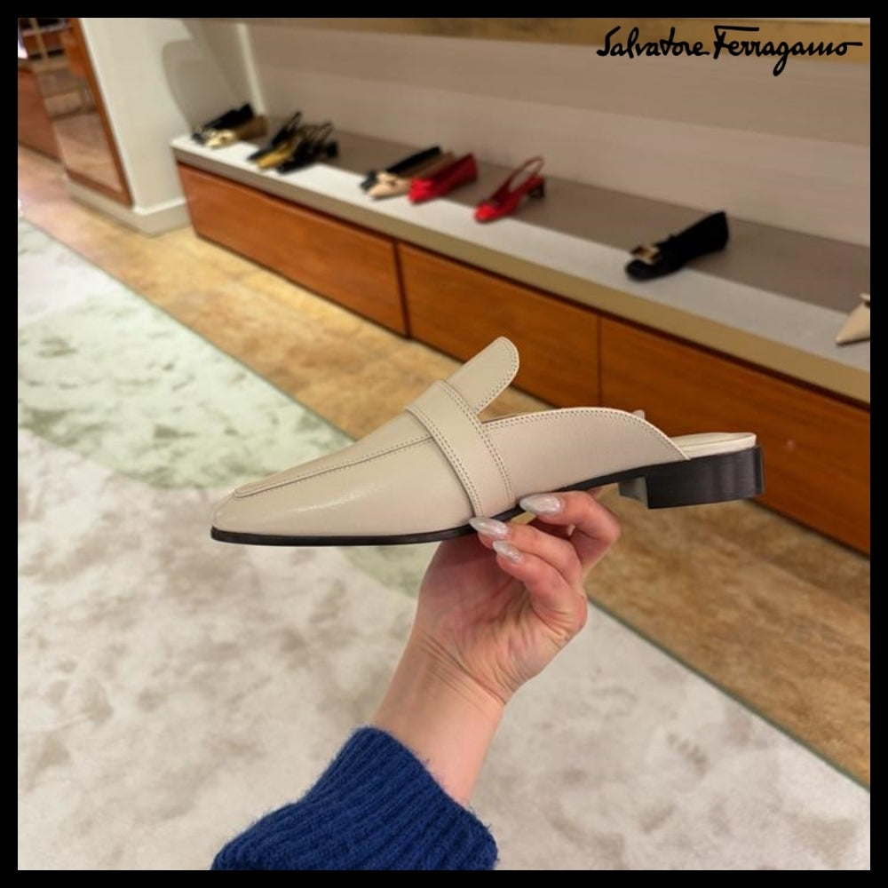 【FERRAGAMO】MAVIRA 20 GANCINI LEATHER MULE CLOGS IVORY