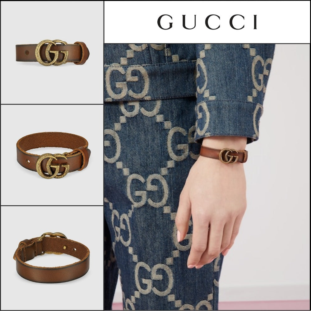 【GUCCI】GGゴールド メタル バックル レザー ブレスレットBROWN