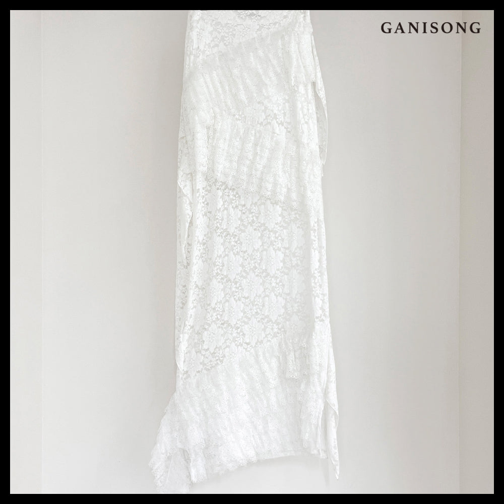 【GANISONG】Bridal Diagonal Lace Two-Piece Dress White