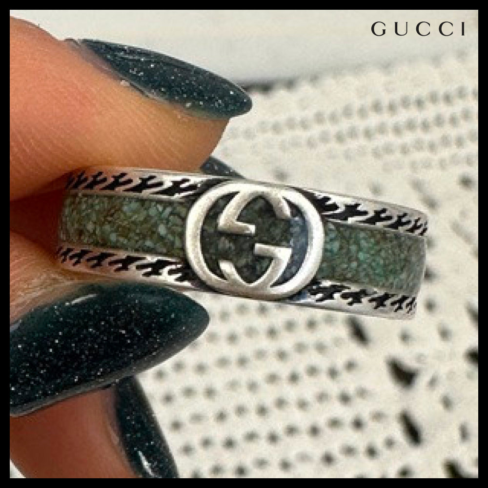 【GUCCI】Interlocking G Logo Enamel Metal Ring Howlite