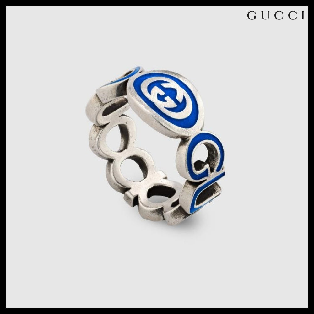 【GUCCI】Interlocking Enamel Silver Ring Blue