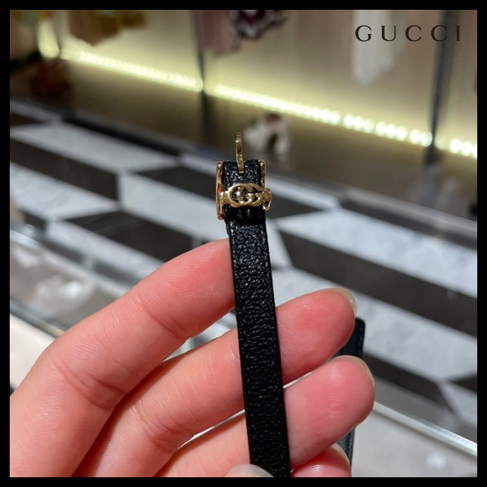 【GUCCI】 ダブル G レザー バックル ブレスレット BLACK GOLD