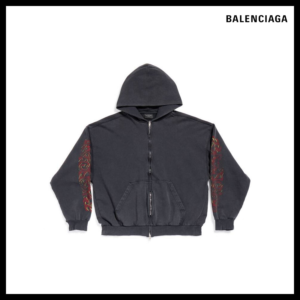 【BALENCIAGA】Offshore Zip-Up Hoodie Medium Fit Black Faded