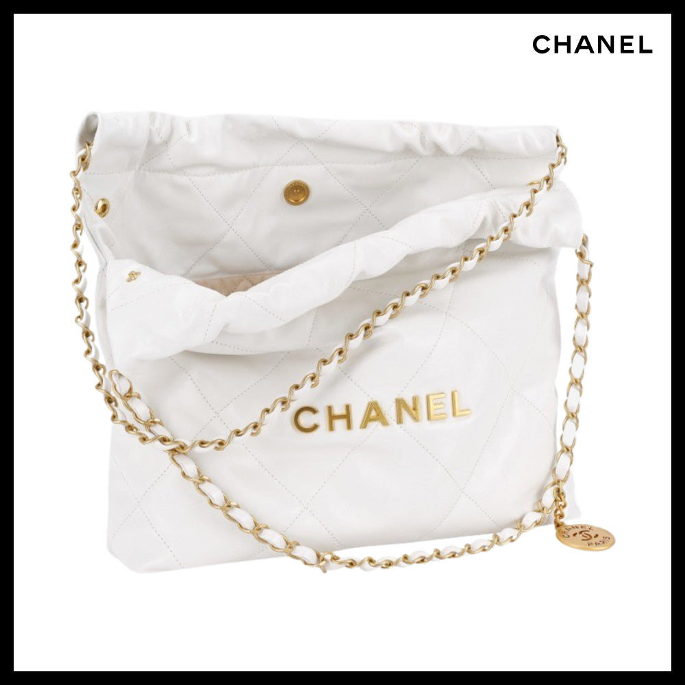 【CHANEL】22 Small Handbag Shiny Calfskin & Gold White