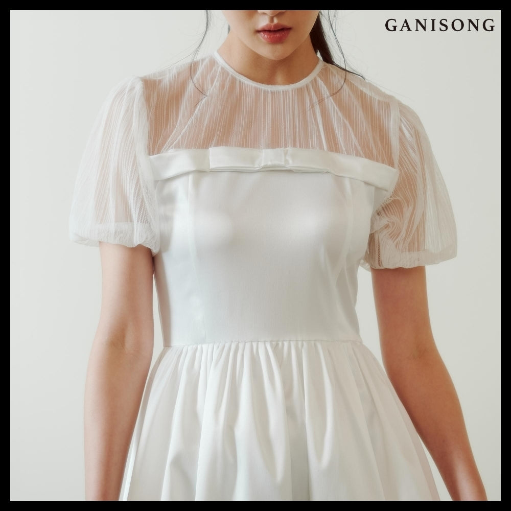 【GANISONG】Bridal Sheer Ribbon Line Dress White